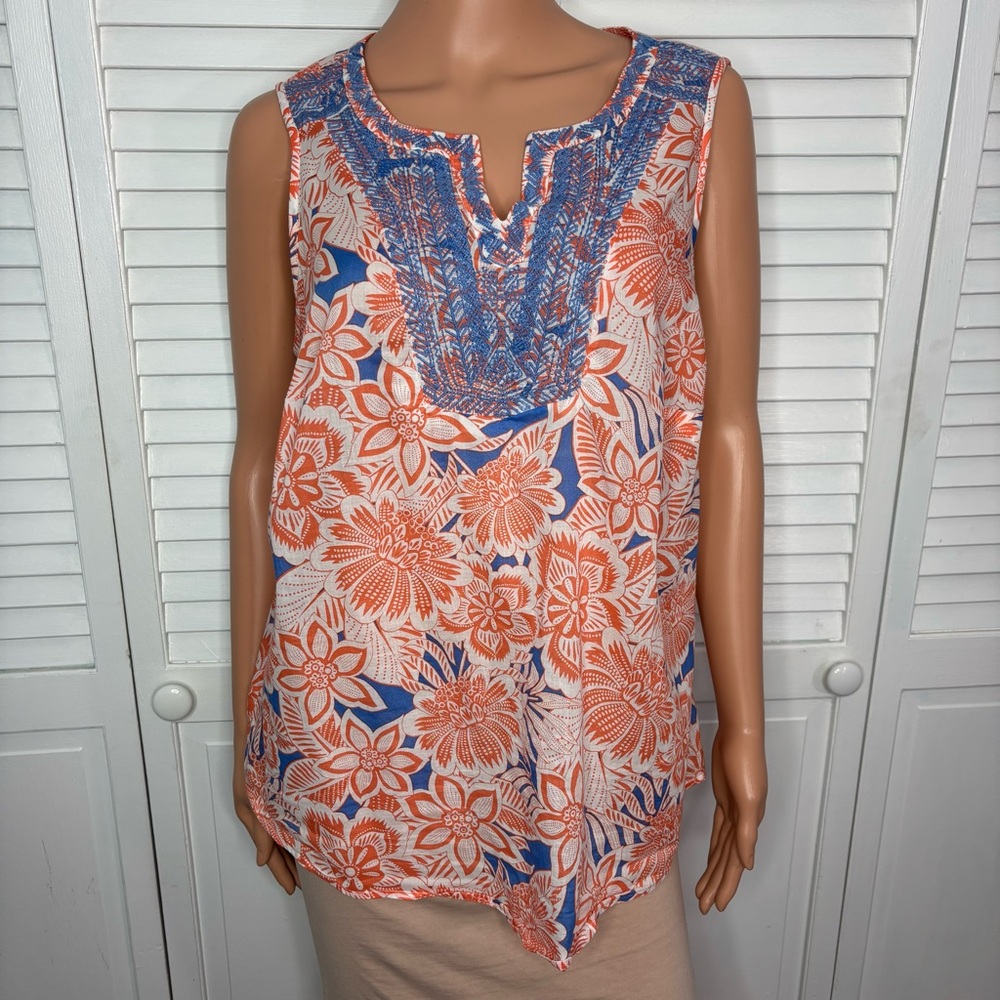 TALBOTS Blue & Orange Floral Embroidered Sleeveless Top Size X - Picture 2 of 6